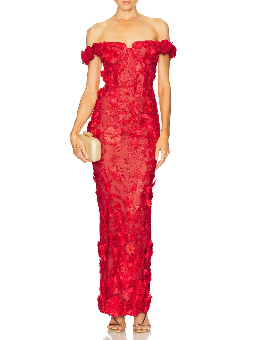 Bronx and Banco Jasmine Maxi Dress 3D Floral Appliqué Rosette Gown Goddess $780